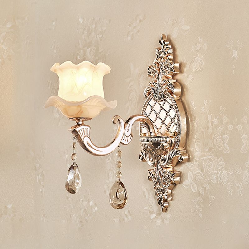 Applique murale dorée simplicité crème verre fleur applique murale avec drapé en cristal