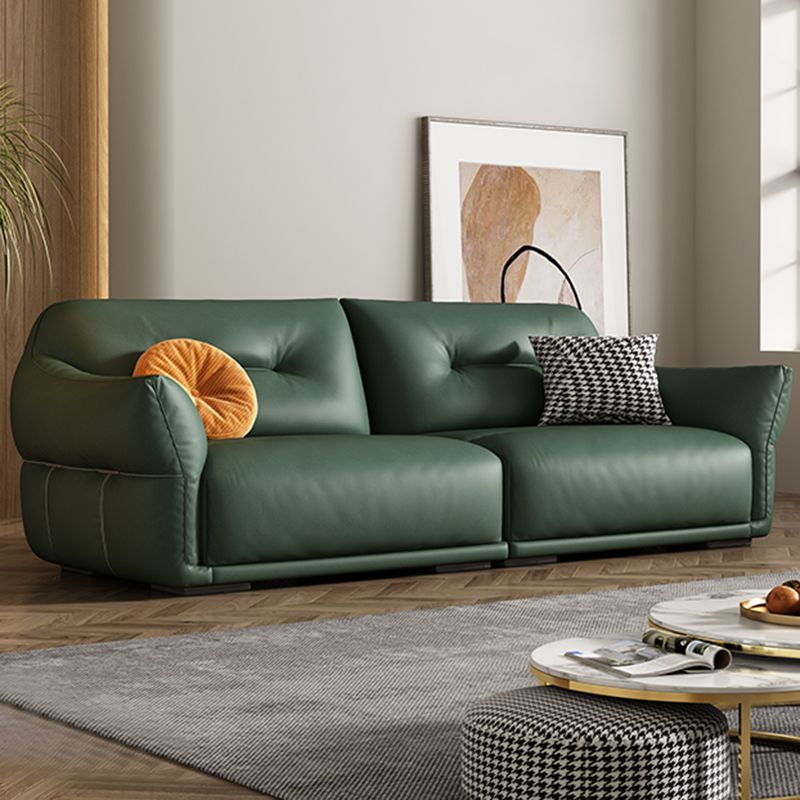 Contemporary Green Square Arm Genuine Leather Stationary Sofa