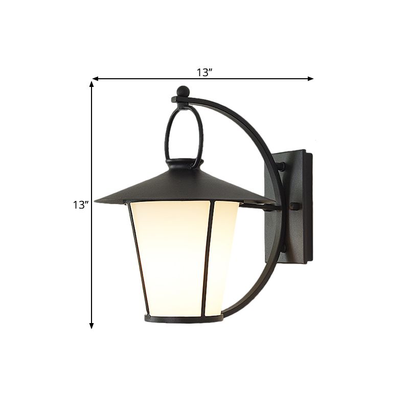 Conical Opal Glass Wall Mount Light Vintage 1-Head Courtyard Wall Lighting Ideas with Arc Arm in Black/Brass