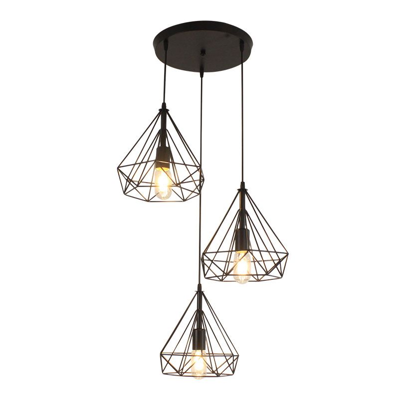 Diamond Iron Cluster Pendant Lighting Post-Modern Restaurant Hanging Lamp in Black