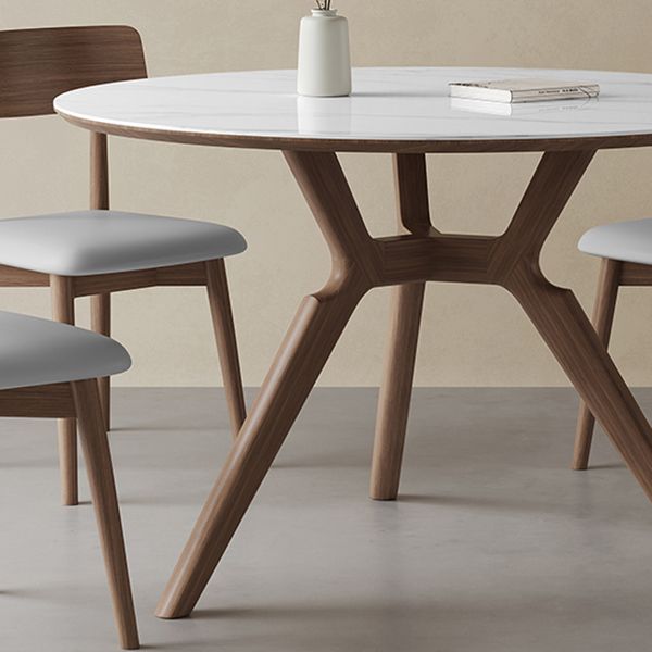 Contemporary Round White Stone Dining Table with Solid Wood Trestle