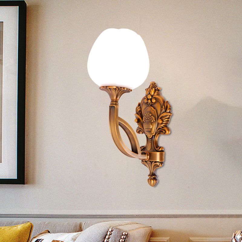 Tulip White Glass Wall Light Sconce Country 1/2-Bulb Living Room Wall Lighting Fixture in Brass with Curved Arm
