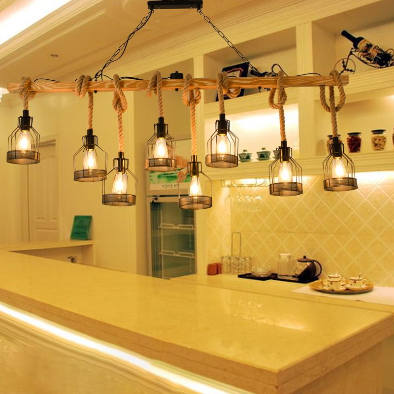 Wood Hanging Island Light Farmhouse Metal Bottle Shaped Cage Pendant Lamp for Restaurant
