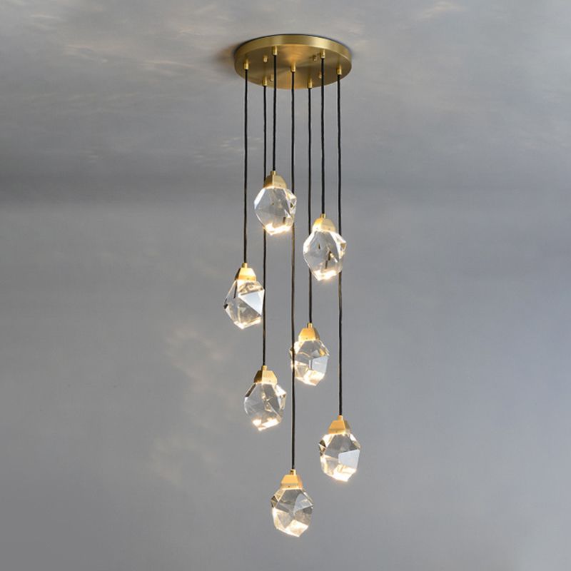 Block Shaped Stairs Multi-Pendant Crystal 7 Lights Postmodern Suspension Lamp in Brass