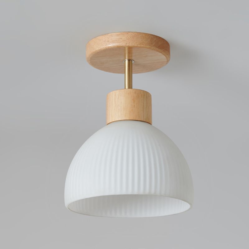 Dome Shape Ceiling Lamp Modern Wood 1 Light Flush Mount with Glass Lampshade for Aisle