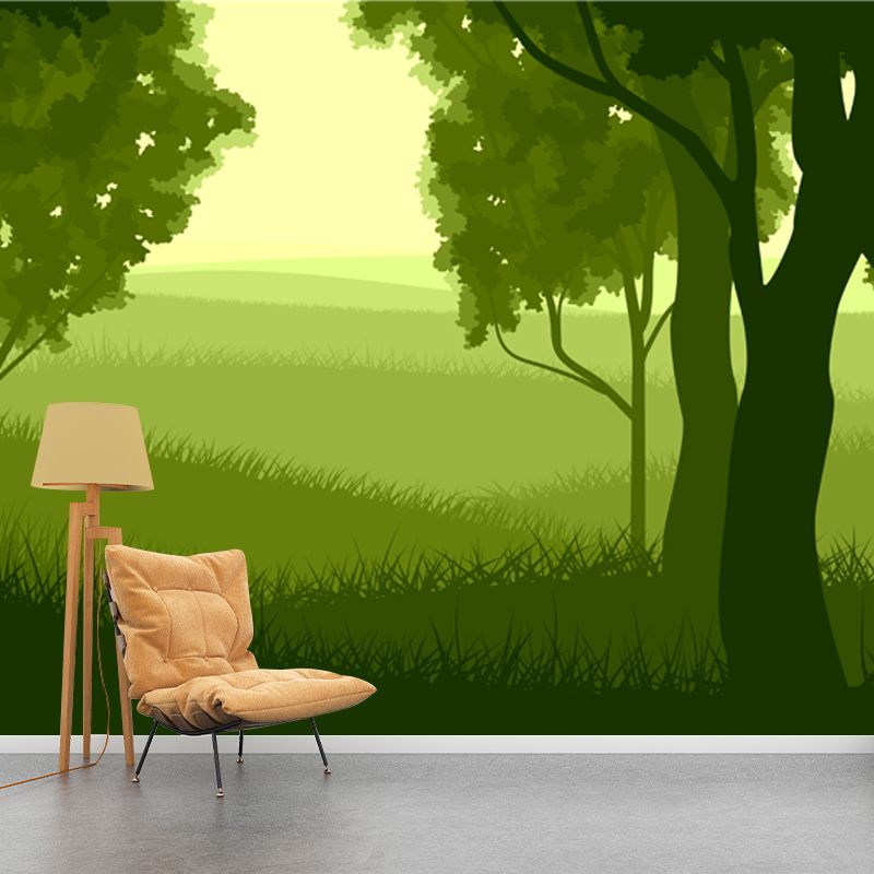 Modern Meadow and Forest Mural for Bedroom Custom Size Wall Art in Green, Non-Woven