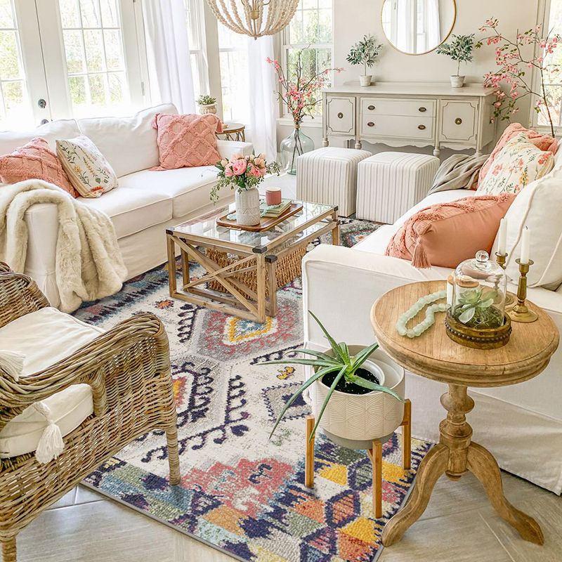 Chic Blue Morocco Rug Tribal Print Polyester Area Carpet Easy Care Washable Rug for Living Room