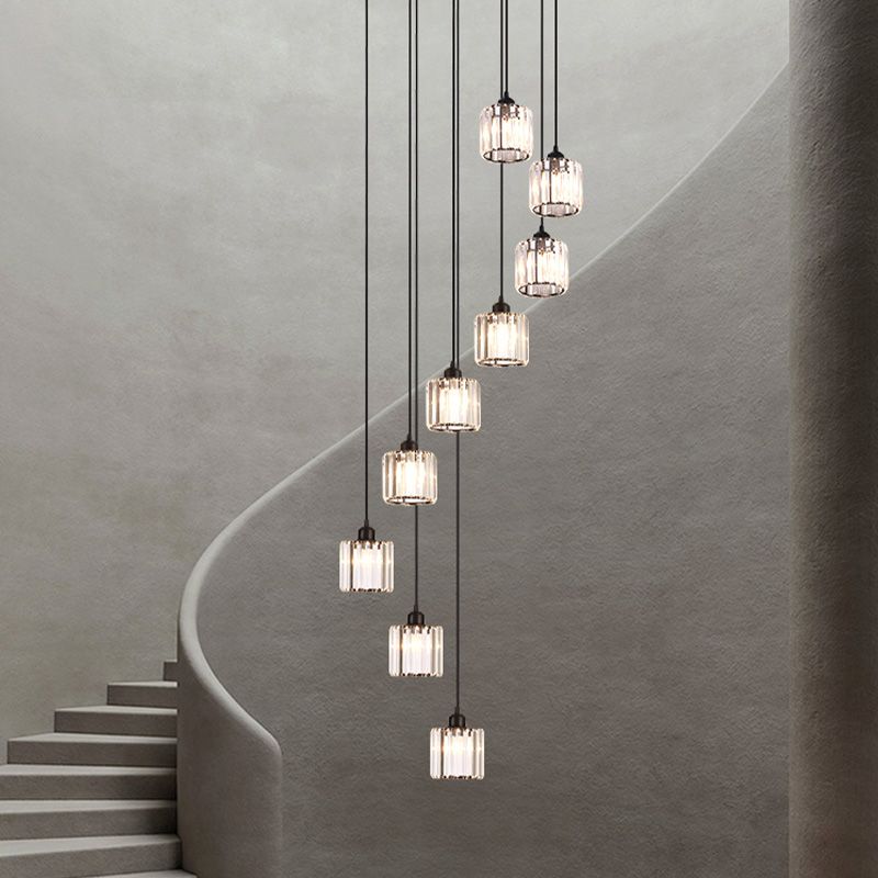 Contemporary Cylindrical Pendant Clear Crystal Multiple Hanging Ceiling Light for Spiral Stair