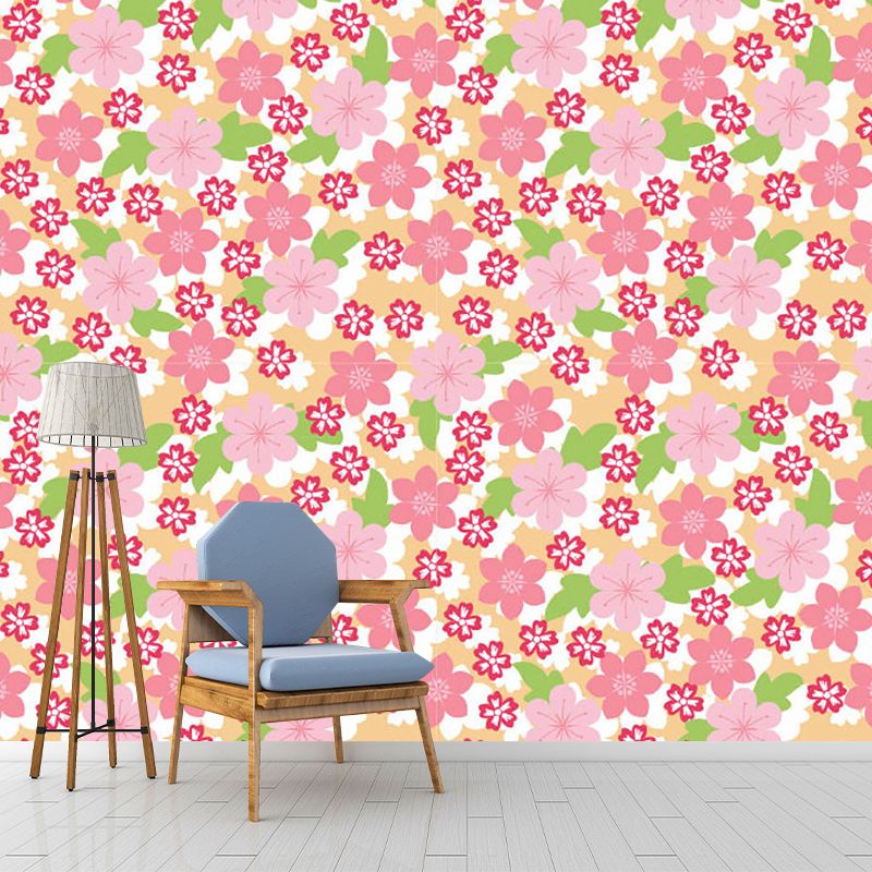Contemporary Florets Wall Murals in Pink and Green Bedroom Wall Covering, Made to Measure