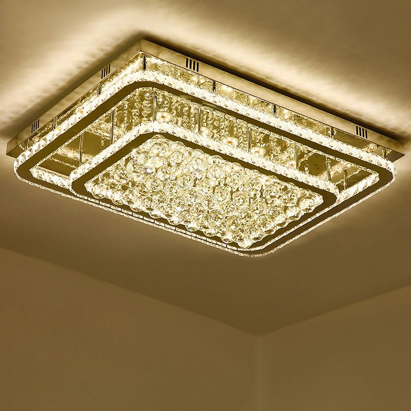 Stainless-Steel Rectangular Flush Ceiling Light Contemporary Crystal LED Flush Mount Lighting Fixture