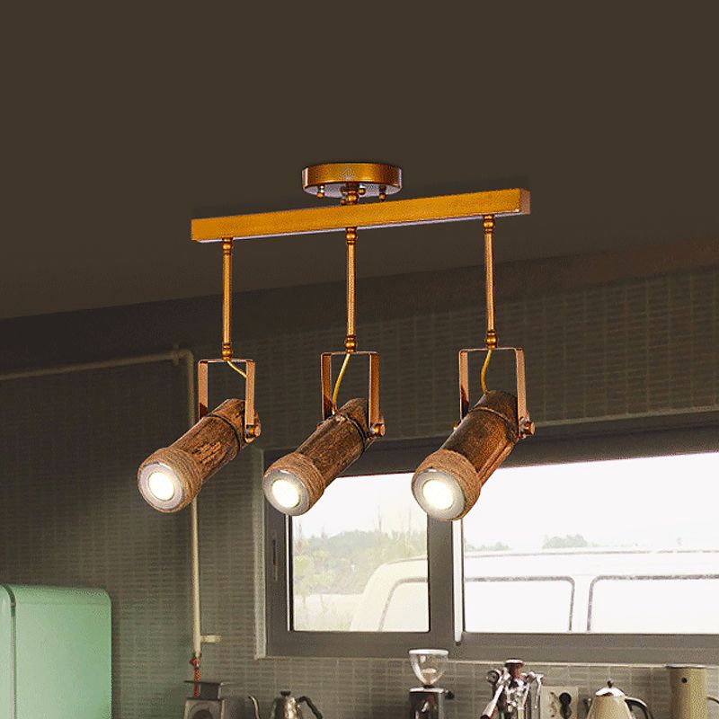 3/6 Bulbs Bamboo Tube Island Pendant Factory Brown Iron Suspension Lighting with Natural Hemp Rope