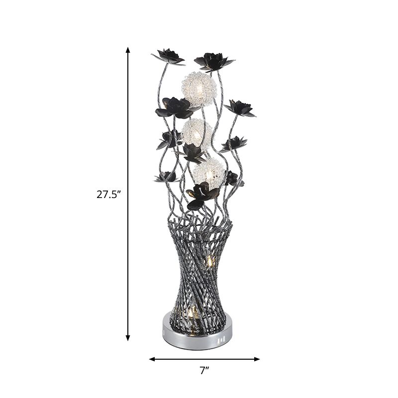 Lampada da notte a forma di vite a cilindro a LED, decorazione artistica, illuminazione da tavolo in metallo nero-argento con dettagli floreali per il comodino