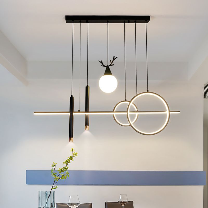 Black Geometric Island Lighting Simple Style Metal LED Pendant Light for Dining Room
