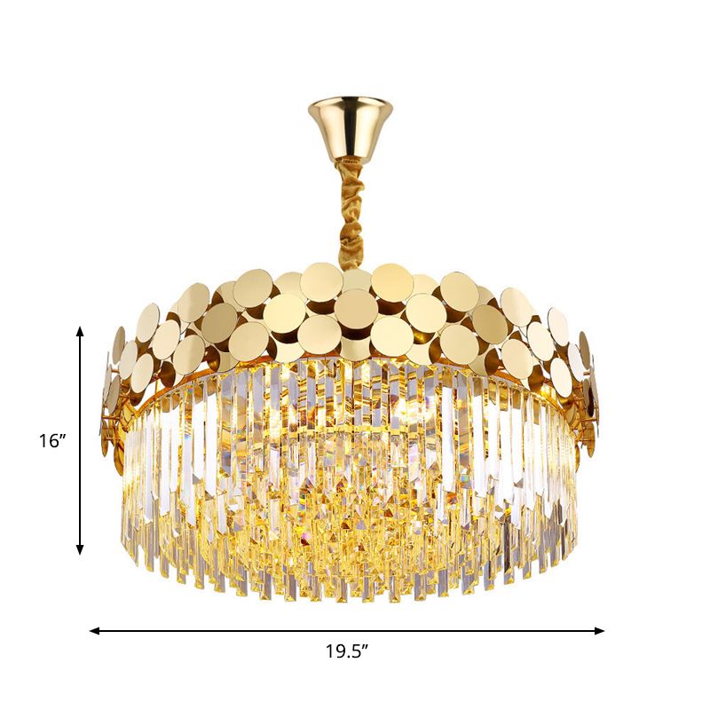 9 teste illuminazione lampadario kit di luce a sospensione cristallina tamburi in oro con design tratteggiato in metallo