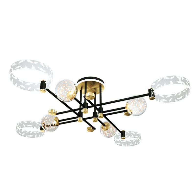 Ring and Ball Acrylic Ceiling Fixture Minimalist Black-Gold LED Semi Flush Mount Light for Living Room