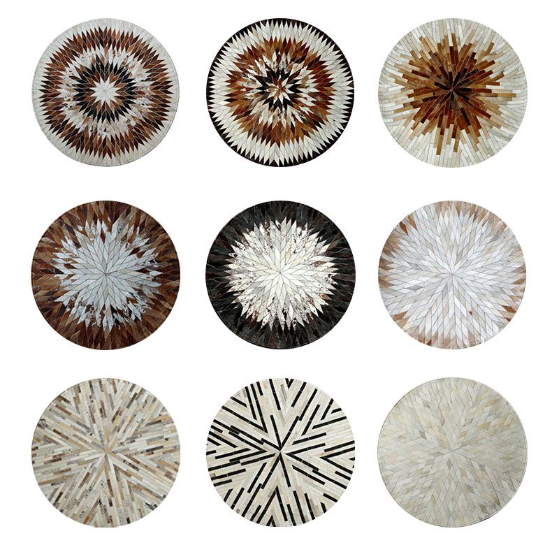 Brown Tone Geometric Print Carpet Cowhide Splicing Carpet Washable Round Rug for Living Room