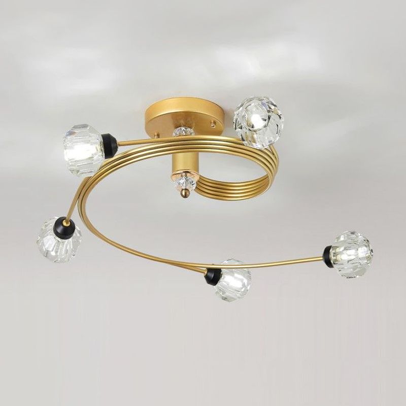 Gold Spiral Semi Flush Lighting Nordic 3/5 Lichter Deckeneinbau mit Orb Klar/Milch/Weiß Glasschirm