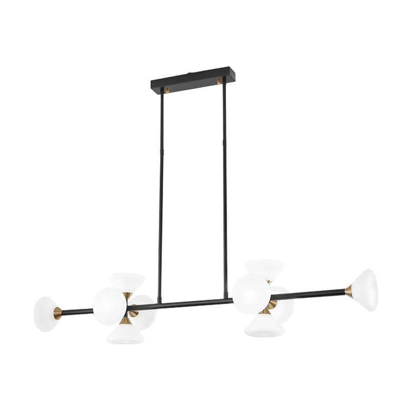 Modern 6/10-Head LED Island Pendant with White Glass Shade Black Linear Ceiling Light Fixture in Warm/White Light