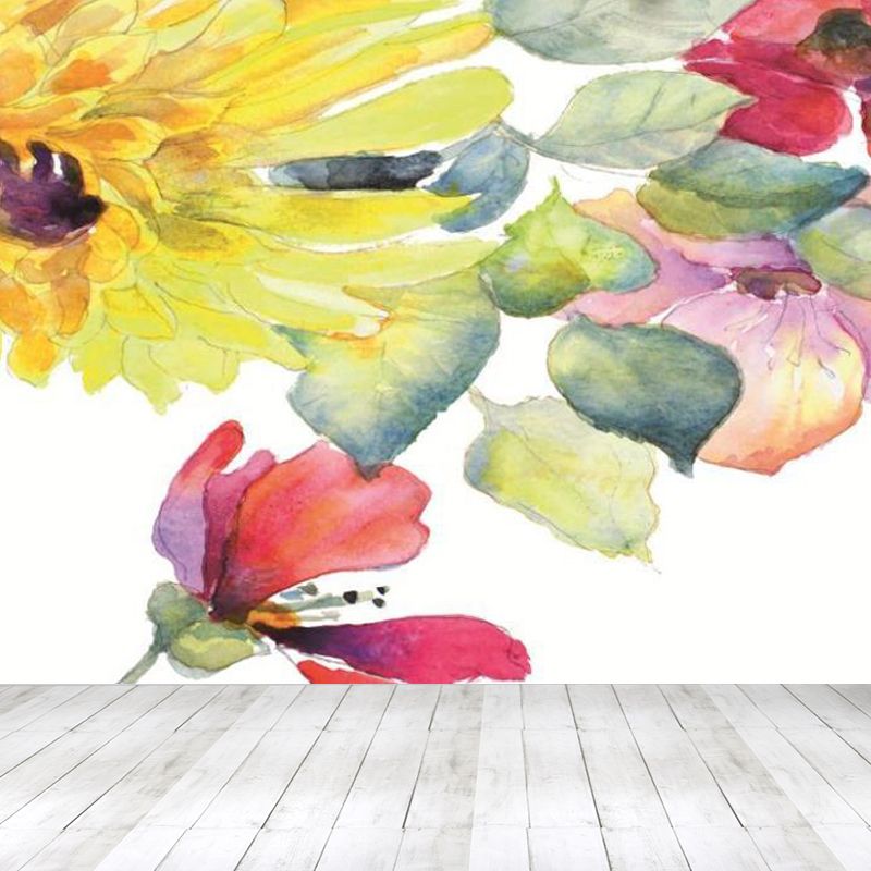 Illustration Scattered Flowers Mural Decal for Living Room, Green, Customized Size