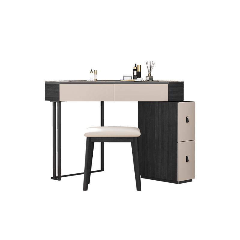 Modern Corner Vanity Table Stool and Mirror Set Glass Top 4-Drawer Dresser