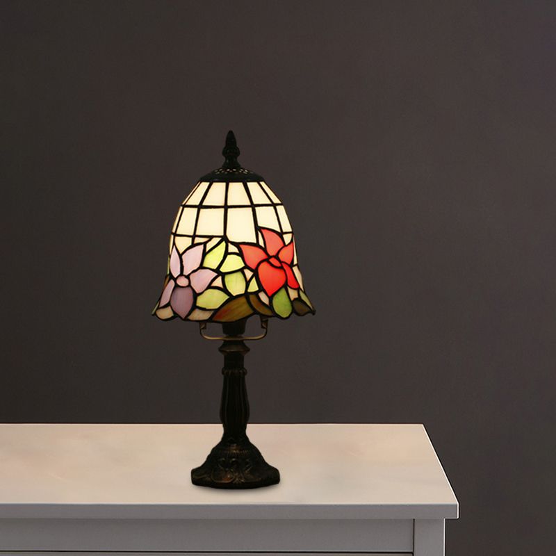 Stained Glass White/Red Night Light Conical/Flared 1-Head Mediterranean Table Lighting with Floral Pattern
