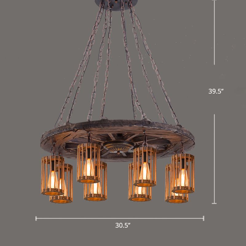 Farmhouse Cylindrical Cage Chandelier Light Wooden Hanging Lamp Kit for Dining Room
