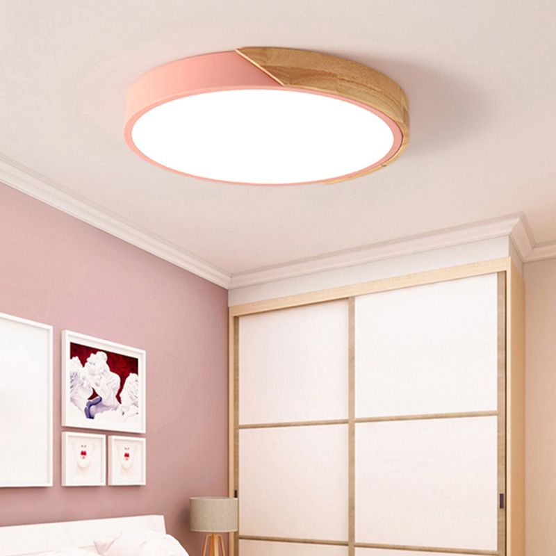 Plafonnier Macaron rond à LED avec abat-jour en acrylique et décoration en bois