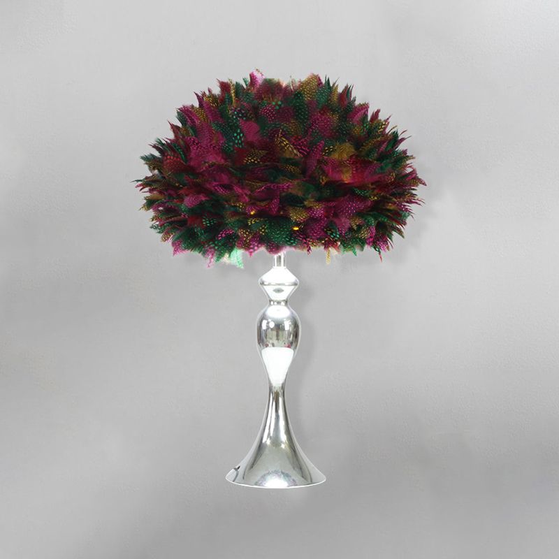 Black/Purple Dome Night Lamp Modern 1-Bulb Feather Table Light with Chrome Baluster Base