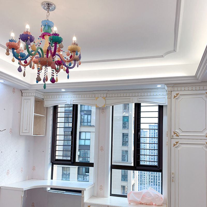 Candle Baby Room Chandelier Metal Macaron Suspension Light with Crystal Drapes