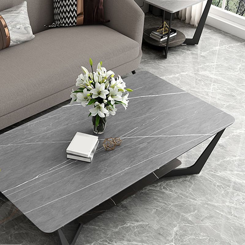 Modern Slate Cross Legs Coffee Table with Shelf Rectangular Cocktail Table in Black