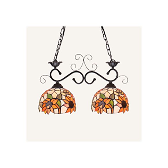 Dome Stainless Glass Pendant Light Tiffany Style 2 Lights Black Finish Island Lighting Fixture with Sunflower/Baroque Pattern