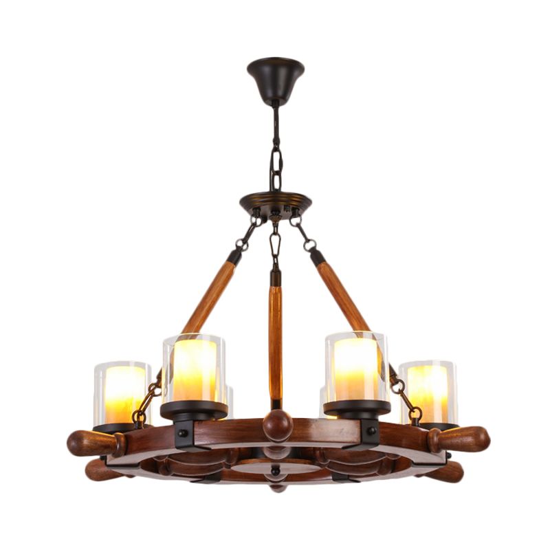 Marble/Clear Glass Brown Chandelier Cylinder 6/8 Lights Traditional Rope Pendant Lamp with Wood Rudder Design