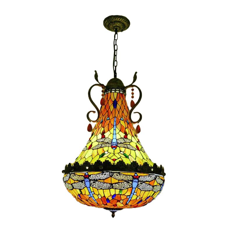 16"/19.5" Wide Dragonfly Chandelier Light Mediterranean Stained Glass 6/8 Lights Antique Brass Pendant Lamp
