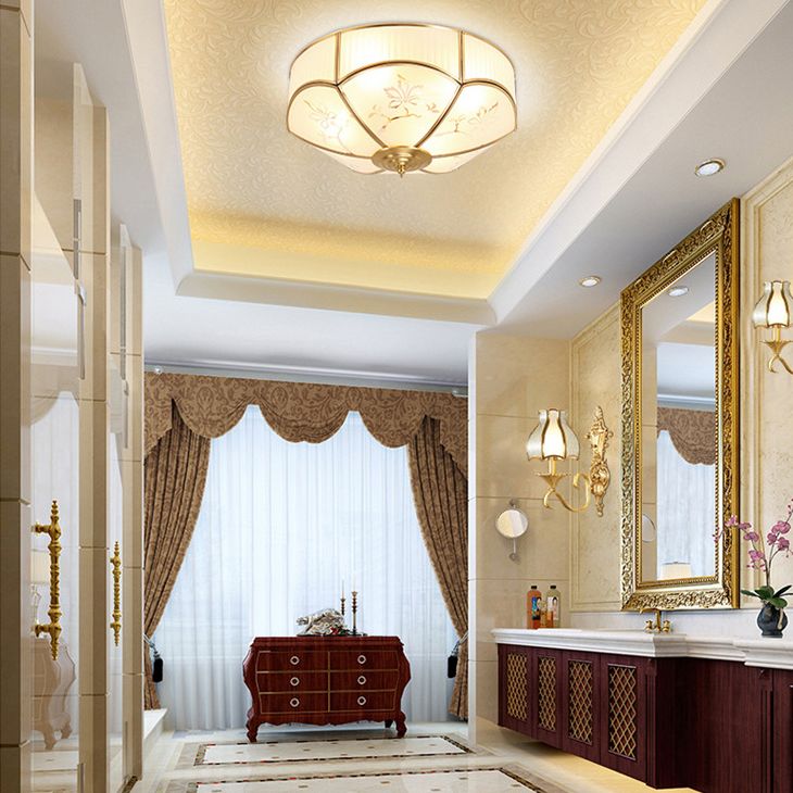Gold Bowl Ceiling Light in Colonical Luxury Style Copper Flush Mount with Printing Glass Shade
