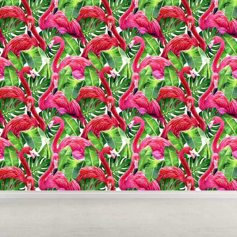 Flamingo and Leaves Wall Mural Tropical Decorative Girls Room Wall Covering, Custom
