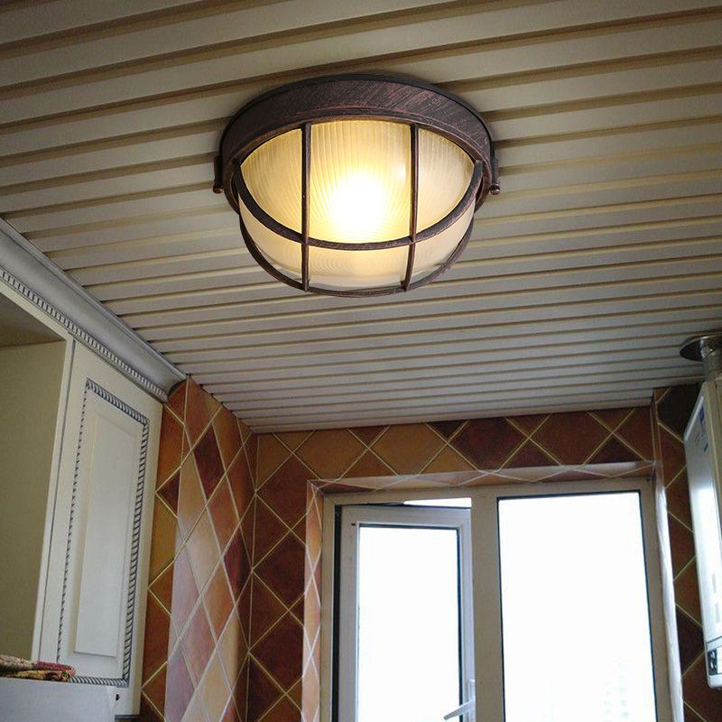Plafonnier à lumière unique rouille, luminaire encastré à dôme en verre nervuré rustique avec cage