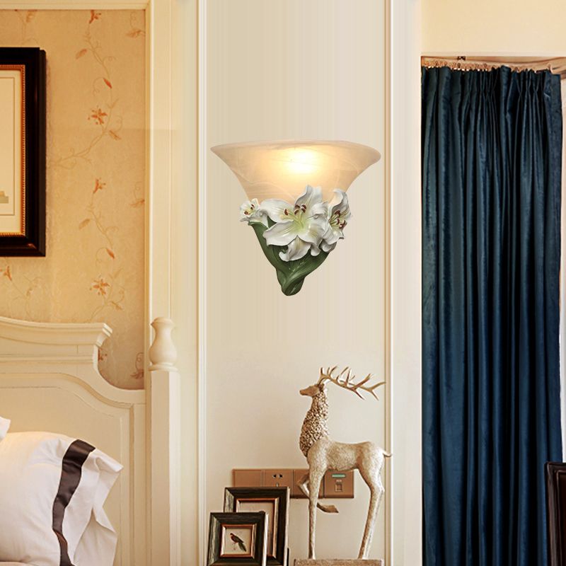 White/Pink Lily Wall Light Contemporary Resin 1 Head Wall Lighting Ideas with Frosted Glass Shade