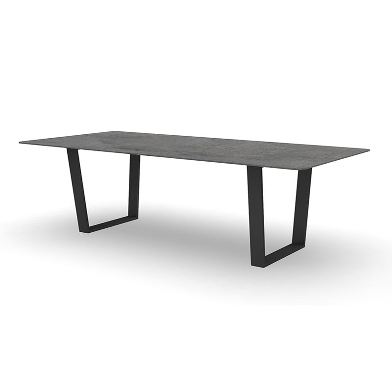 Modern Rectangle Patio Table Outdoor Stone Top and Steel Frame Dining Table