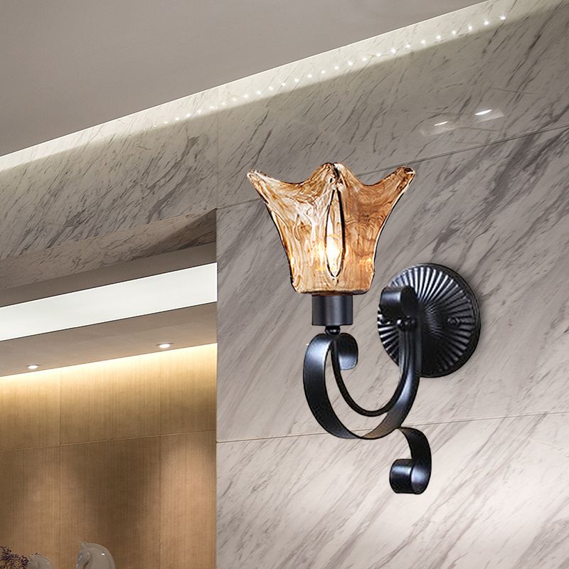 Bell Bedroom Sconce Light Retro Amber Glass Single Light LED Black Wall Mount Lighting, 15"/26" Tall