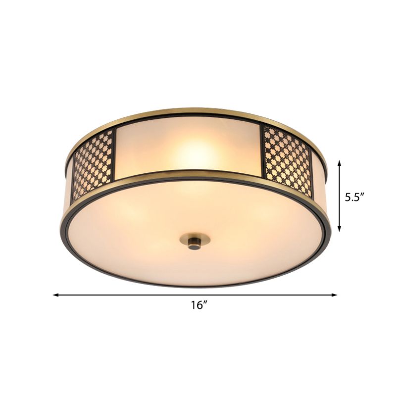 Messing Drum Flush Mount Verlichting Traditioneel Wit Glas 5 Lampen Woonkamer Plafond Lamp, 16 "/19.5" W