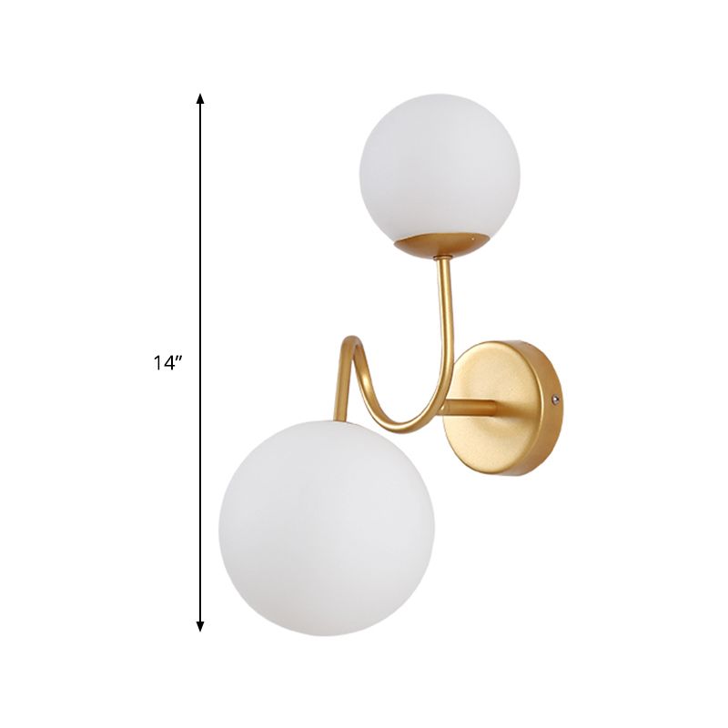 Metal Curved Arm Sconce Light Contemporary 2 Heads Wall Mounted Lamp in Gold with White Glass Shade