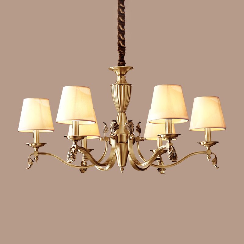 Brass Candelabra Ceiling Lighting Modern Metallic Chandelier Light Fixture with Tapered Fabric Shade