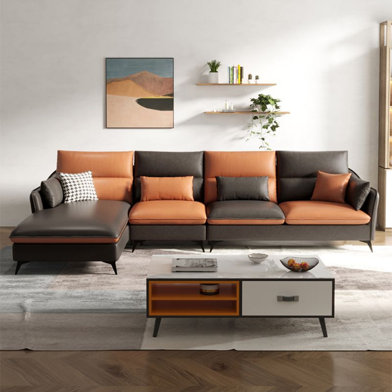 Faux Leather Sloped Arms Sectional with Pillowed Back Cushions for Living Room