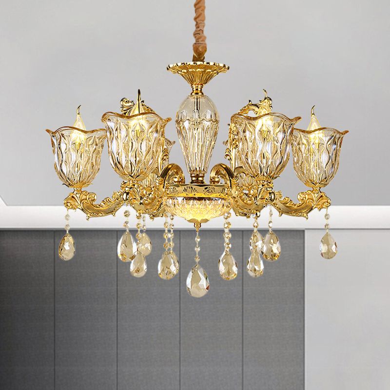 Champagne 6/8 Heads Chandelier Modernism Amber Crystal Flower Hanging Light Fixture with Carved Arm