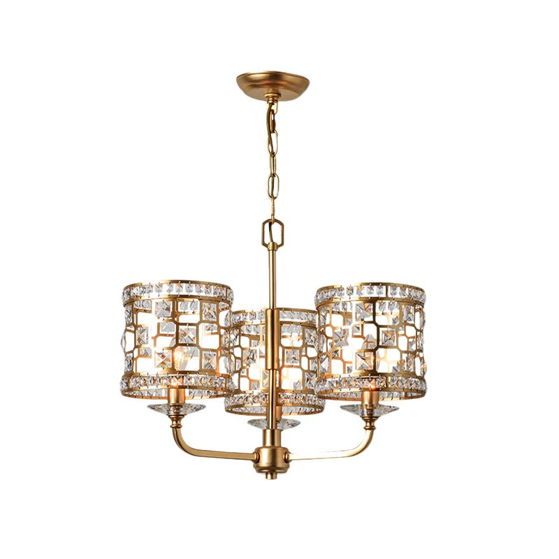 Crystal Cylindrical Chandelier Modern 3 Heads Gold Pendant Lighting Fixture for Living Room