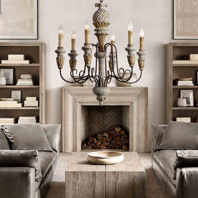 Wood Metal Hanging Chandelier Candle 6 Light Chandelier Lighting for Living Room