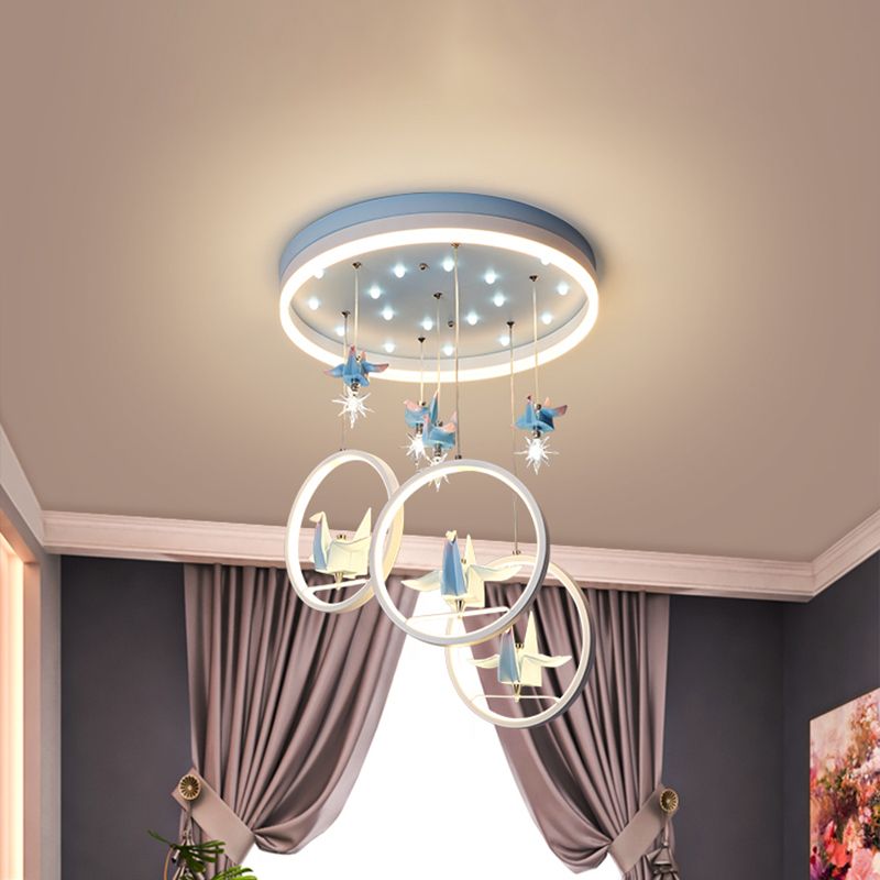 Metallic Circular Hanging Chandelier Kids LED Pendant Light in Blue with Paper Cranes Decor