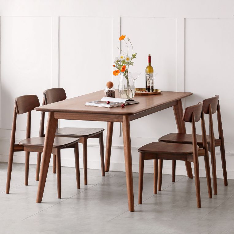 Modern Brown Rectangular Walnut Top Dining Table with 4 Solid Wood Legs