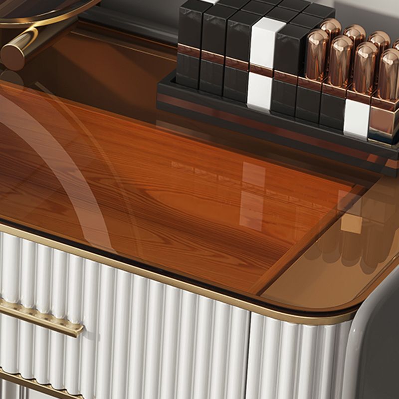 Glam Glass Top Vanity Makeup Table Stool Set with Storage Drawers