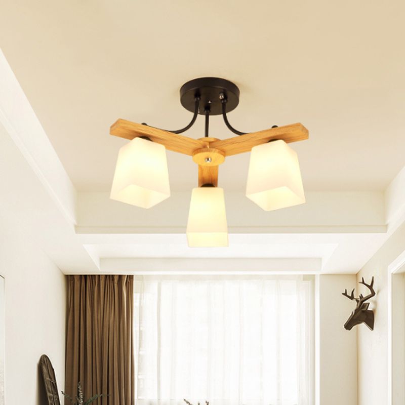 3/6/8 Lights Living Room Semi Flush Nordic Black and Wood Flush Mount Ceiling Chandelier with Square Milk Glass Shade